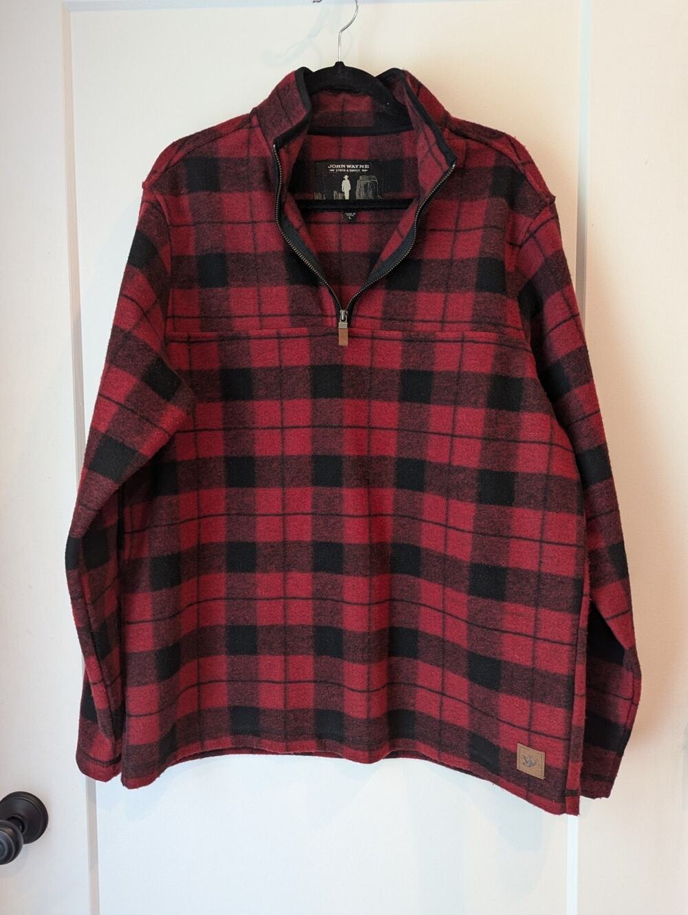 John Wayne Stock &Supply Men's Large Pullover Fleece Jacket Red Plaid 1/4 Zip